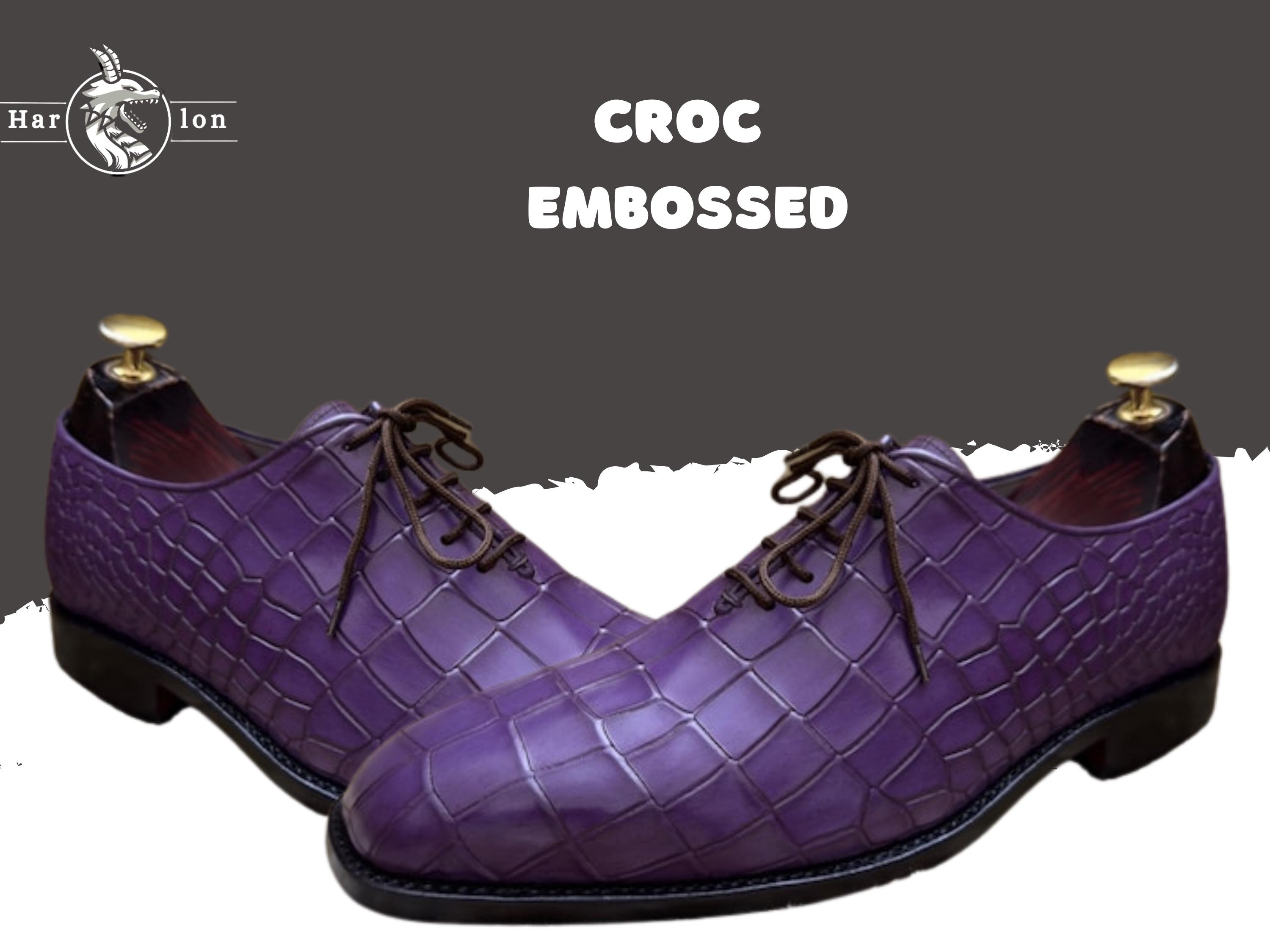 Embossed Croc Leather Oxfords Black Purple Lace Statement Dress Shoes 10.5 Giovanni Mason Croco Print Leather Dress Shoes | Premium  main image 4
