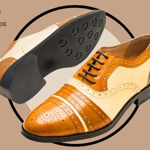Men&#39;s Handmade Two-Tone Tan and Cream Leather Wingtip Brogue Oxford Shoes Formal Vintage Style Genuine Leather Spectators