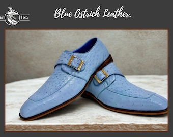 Handmade Light Blue Ostrich Embossed Leather Monk Strap Shoes