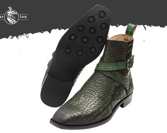 Handgefertigte Grüne Krokodil Leder Jodhpur Boots: Schnalle Ankle Boots