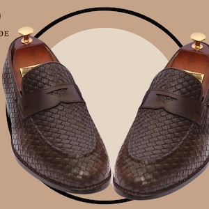 Handmade Woven Leather Penny Loafers: Men&#39;s Brown Slip-On Dress Shoes