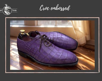 Handmade Purple Crocodile Embossed Leather Oxford Dress Shoes