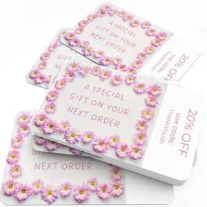 Cartão de agradecimento para impressão com código de desconto | Cartão-presente 3,5x2” | Download digital Pink Daisy | Folha de bônus em PDF | Download instantâneo
