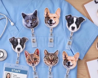 Personalized Pet Photo Badge Reel, Custom Dog Cat Face ID Holder, Funny Badge Reel, Nurse Badge Reel, Teacher Vet Tech Gift