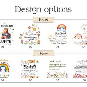 May include: Image showcasing design options for teacher appreciation gifts. Designs include heart and square shapes with text like "World's Best Teacher" and "Thank you for helping me grow."