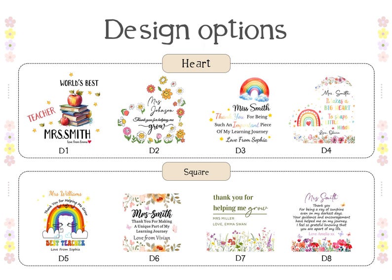 May include: Image showcasing design options for teacher appreciation gifts. Designs include heart and square shapes with text like "World's Best Teacher" and "Thank you for helping me grow."
