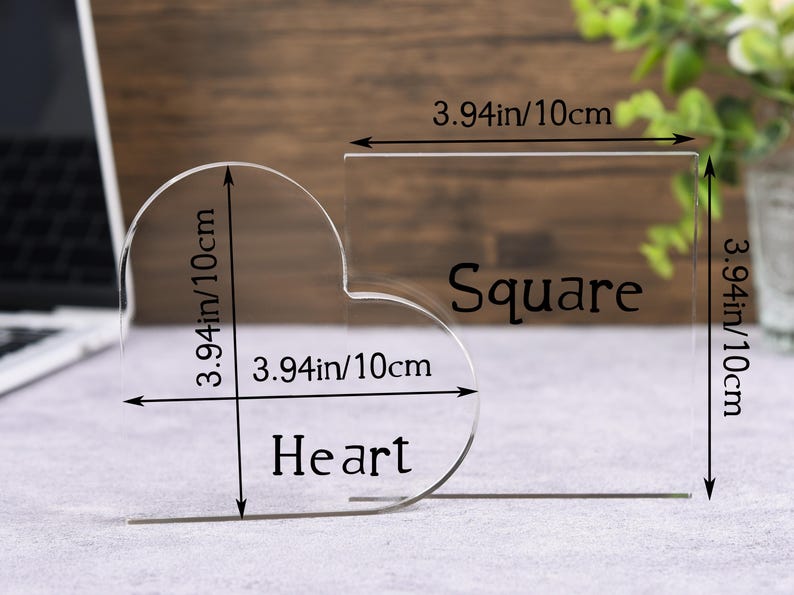 May include: Clear acrylic heart and square shapes, each measuring 3.94 inches (10cm) in width and height. The word "Heart" is below the heart shape, and "Square" is next to the square shape. Ideal for crafts or displays.
