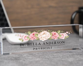 Personalized acrylic name plaque,office custom name plate,Coworker Gift, Flowers Designs On Clear Acrylic Glass,Custom Name Plates for Desk