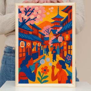Kyoto Cherry Blossom Street wall Art Print – Henri Matisse Inspired Japanese Spring Wall art – Colorful Travel Poster for Instant Download
