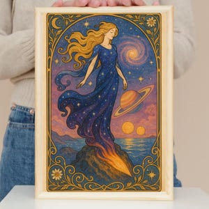 Galactic Goddess Digital Art – Art Nouveau Style wall art | Alphonse Mucha Inspired Celestial Woman Wall Art | Cosmic Feminine wall art