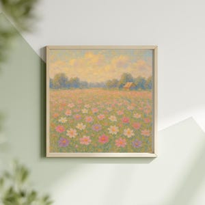 Kosmos Blumenfeld Wandkunst - Von Claude Monet inspirierte impressionistische Wandkunst | Pastell Wiese Landschaft Wand Dekor | Friedlicher Blumen Download