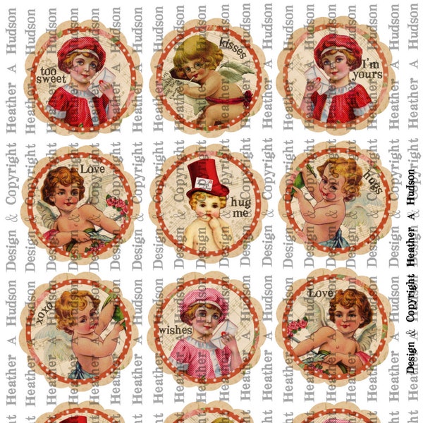 Vintage Shabby Chic Valentine Cherub, cupid Focals  tags Ornaments  Digital Collage sheet Printable