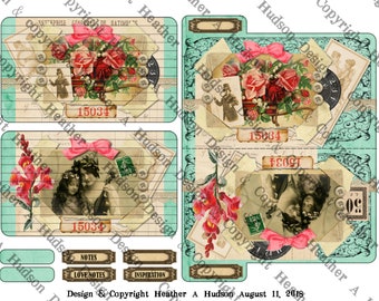 vintage Love Mother Daughter ephemera roses 3 file folders instant download junk journal aqua digital collage sheet My Artistic Adventures