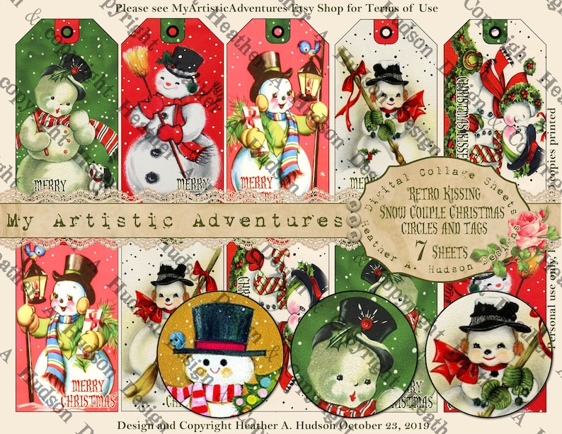 Retro Vintage Snowmen Couple Printable Christmas Cupcake image 0