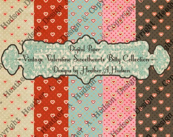 Victorian Vintage Valentine's Day Shabby Pink  Aqua Red Cream Chocolate Hearts Digital Paper Pack Collection Collage sheet Printable