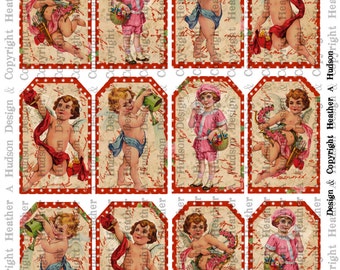 2nd Victorian Vintage Valentine's Day Red Tags Cherubs Darling Cupids  Focals Digital Collage sheet Printable Instant Download Card making