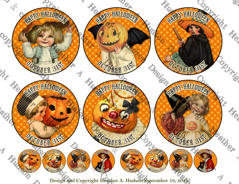 Vintage Halloween Circle Cupcake Topper Orange Witch Pumpkin Cute ...