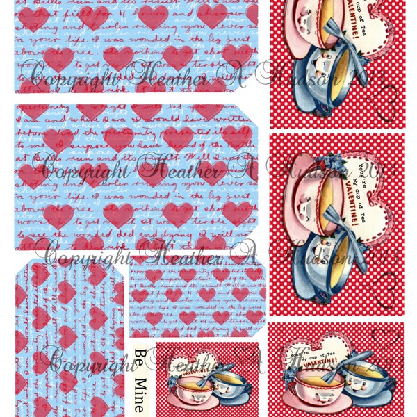 Instant download Shabby Vintage Retro chic Valentine's Day Cute Tags Digital Collage sheet Tea Cups