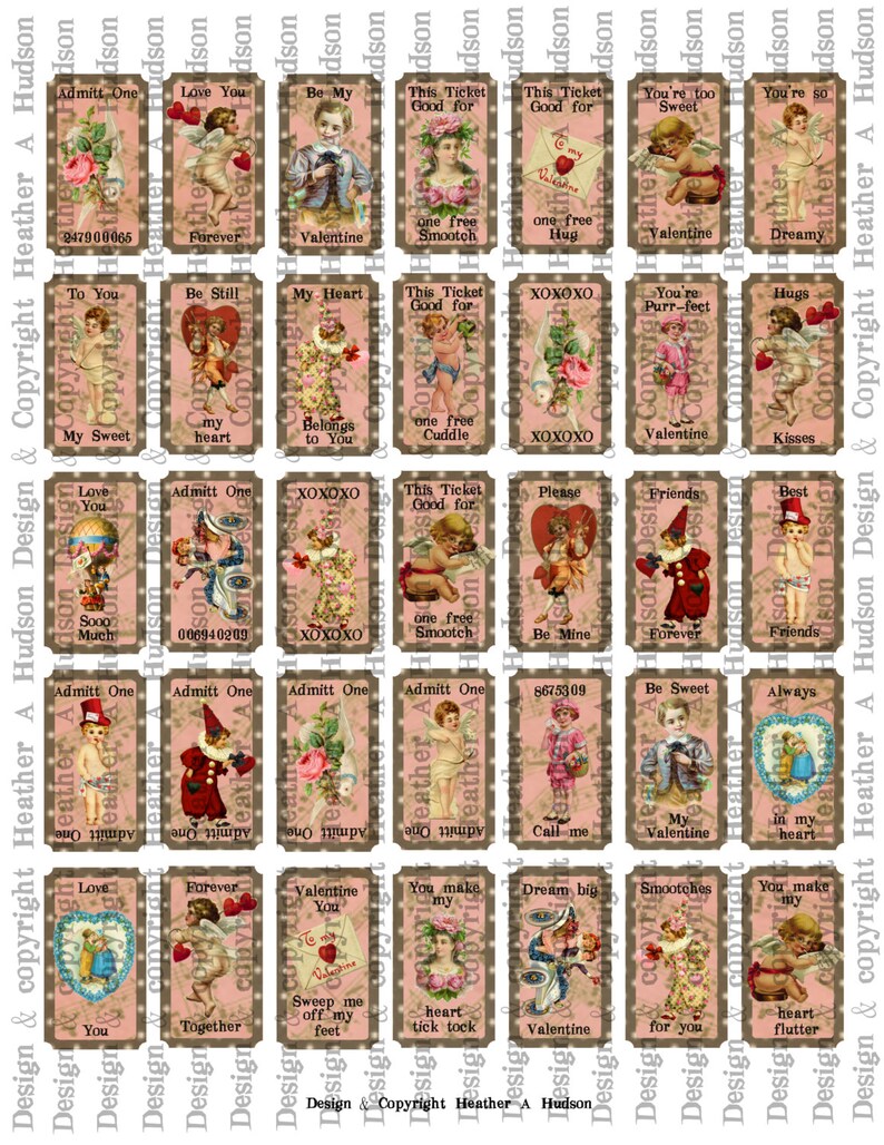 Victorian Vintage Valentine's Day Shabby Pink & Chocolate Tickets Digital Collage sheet Printable image 1