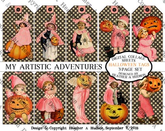Pink Chocolate Vintage Halloween Tags Witch Pumpkin Cute Printable Instant Download Digital Collage Sheet  DIY My Artistic Adventures