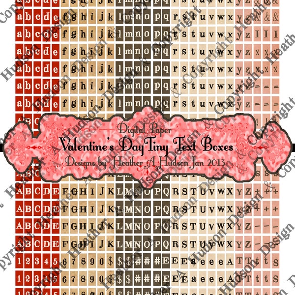 Tiny Vintage Cream Ivory Pink chocolate Natural Red Alphabet Text Boxes Type  5 Digital Collage sheet Printable Valentine's Day Love