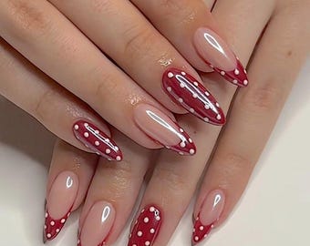 Valentines Burgundy Press On Nails, Polka Dot Almond Shape (Reusable Set) V266