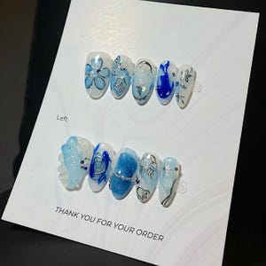 Ocean Blue And Jelly Nails, Press On Nails, Sea Fantasy Nails, Luxury Nails, Fake Nails, Nail Art, Nail Polish, Shell 3D Gel Nails V06