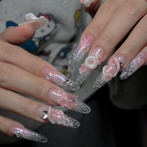 Clear Pink And Floral Fantasy Nails, Press On Nails, Crystal Bloom Nails, Fake Nails, Nail Art, Nail Polish, 3D Jelly Flower Nails V50