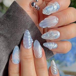 Pearl Seashell And Starfish Nails, Press On Nails, Mermaid Core Nails, Fake Nails, Nail Art, Nail Polish, Ocean 3D Gel Nails V92