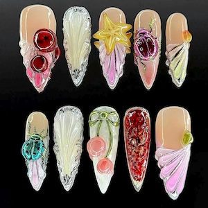 Bug And Fruit 3D Nails, Press On Nails, Summer Nails, Fake Nails, Nail Art, Nail Polish, Insect Nails, Cherry Nails, Cute Nails V131