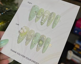 Press On Nails: Mint Green with 3D Flowers - Reusable Set V260