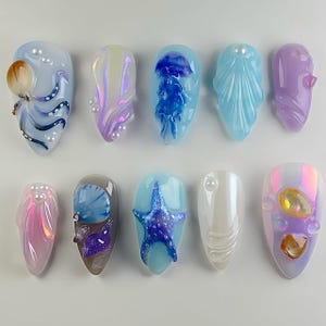 Ocean Fantasy And Shell Nails, Press On Nails, Underwater Nails, Luxury Nails, Fake Nails, Nail Art, Nail Polish, Jellyfish 3D Gel Nails V47