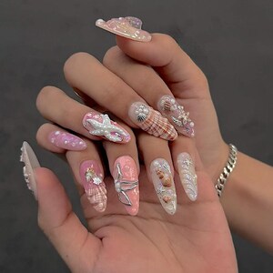 Pearl Starfish And Shell Pink Nails, Press On Nails, Mermaidcore Nails, Fake Nails, Nail Art, Nail Polish, Shell 3D Gel Nails V13