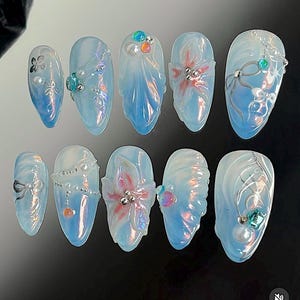 Iridescent Blue Shell Nails, Press On Nails, Mermaid Core Nails, Fake Nails, Nail Art, Nail Polish, Ocean Dream 3D Gel Nails V04