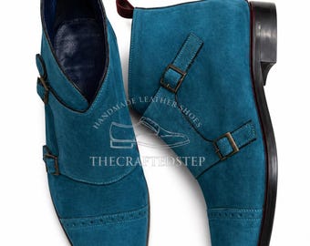 Men's Handmade Sky Blue Teal Suede Double Monk High Ankle Casual Wear Shoes