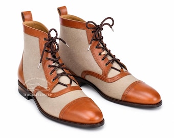 Men's Handmade Beige Brown High Ankle Suede Leather Lace Up Cap Toe Shoes