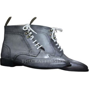 Ankle High Grey Boots | Wing Tip Boots For Men&#39;s Handmade Genuine Cow Leather Boot | Classic Vintage Lace Up Shoes | Gift for Him