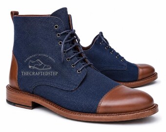Denim Blue Denim and Brown New Men's Handmade Leather Lace Up Style High Shoes For Men's