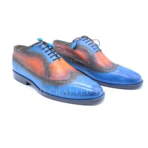 Blue Brown Two Tone Patina Oxfords Dress Shoes For Men&#39;s | Custom Dress Footwear with Comfort and Classic Look | Handcrafted Men Shoes
