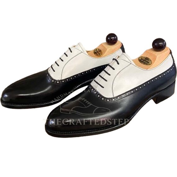 Balmoral Oxford in Black White Colour Leather Plain Toe Dress Shoes For Men | Wing Tip Leather Shoes For Casual And Formal Occasions