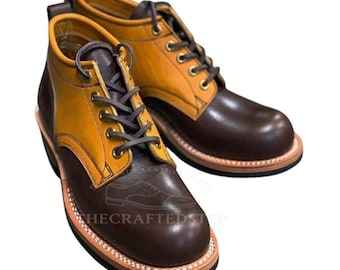 Botas de cuero con perforaciones en marrón y amarillo para hombre, elegantes y a medida, con cordones en dos tonos, hechas a mano.