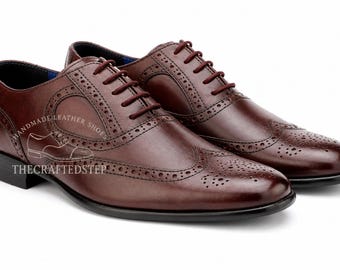 Handmade Men's Burgundy Genuine Leather Trendy Pointed Toe Lace Up Brogue Shoes