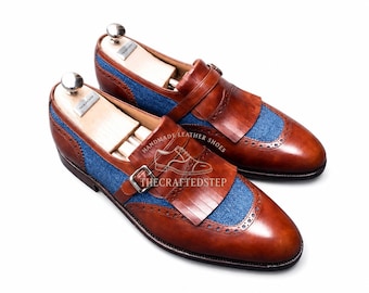 Men's Handmade Genuine Leather Blue Maroon Two Tone Apron Toe Monk Shoes