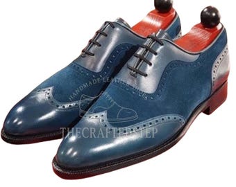 Zapatos de vestir formales estilo Oxford de dos tonos con punta de ala azul y cordones de gamuza y cuero auténtico con pátina / Zapatos estilo Oxford vintage hechos a mano
