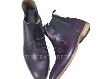 Bottines habillées chelsea en cuir faites main sur mesure pour hommes | Bottes Chelsea violettes robustes et élégantes avec ajustement personnalisé en cuir véritable confort