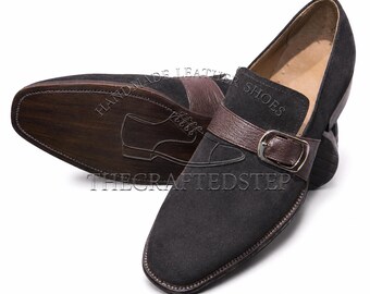 Brown Suede Leather Men's New Handmade Formal Single Monk Casual Shoes