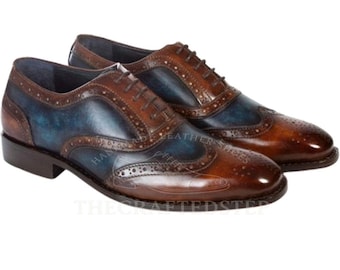 Handmade Men's Oxford Two-tone Blue Brown Patina Genuine Leather Lace Up Shoes | Vintage Elegance with Custom Comfort