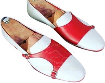 Handcrafted Men's Two Tone White Red Excellent Monk Double Strap Dress Shoes | Timeless Leather Strap designed For Elegance & everyday wear.