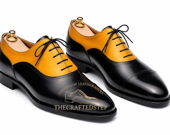 Handgemaakte tweekleurig zwart geel cont afgeronde derby-schoenen van echt leer