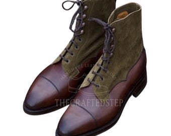 Burnished Cap Toe Brown Maroon Two Tone High Ankle Casual Dress Men Boots | Handcrafted Men's Vintage Style Lace Up Shoes
